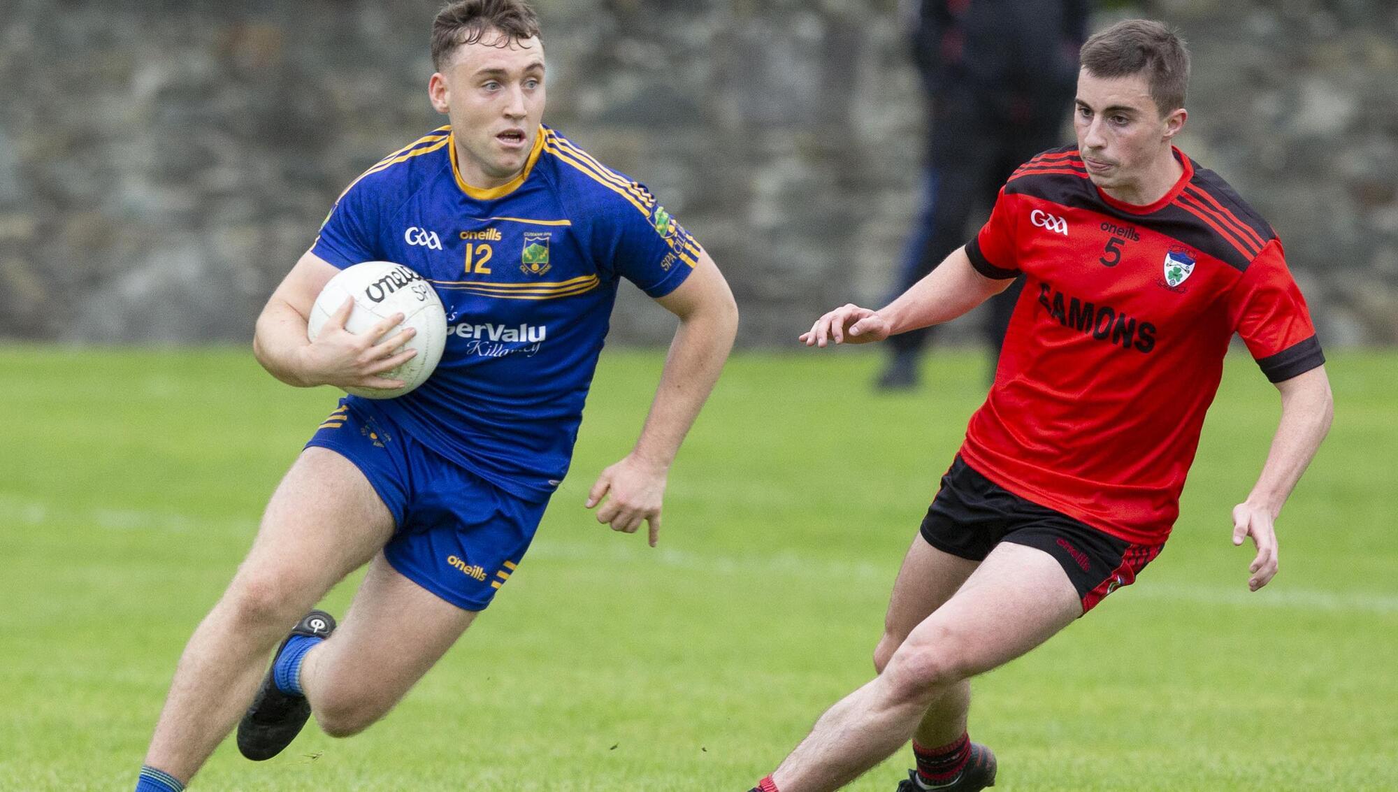 SURPRISE PACKETS: Dara Moynihan Spa and Dara O'Shea Kenmare Shamrocks in action during the Kerry Club SFC clash. Pic: Macmonagle, Killarney