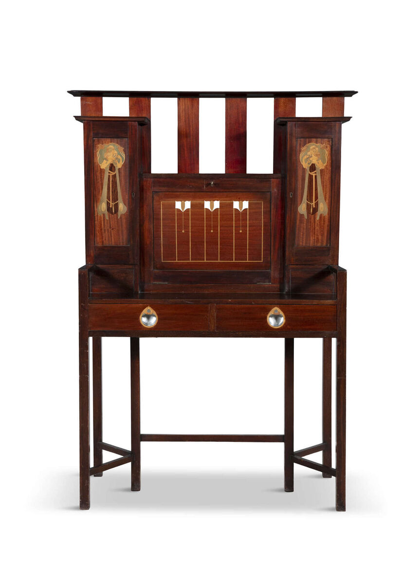 An Arts and Crafts inlaid secretaire at James Adam. An Arts and Crafts inlaid secretaire at James Adam.