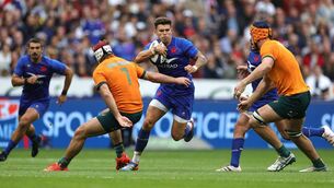 <p>PARIS, FRANCE - AUGUST 27: Matthieu Jalibert of France is tackled by Fraser McReight (L) during the 2023 Summer International match between France and Australia at Stade de France on August 27, 2023 in Paris, France. (Photo by David Rogers/Getty Images)</p>