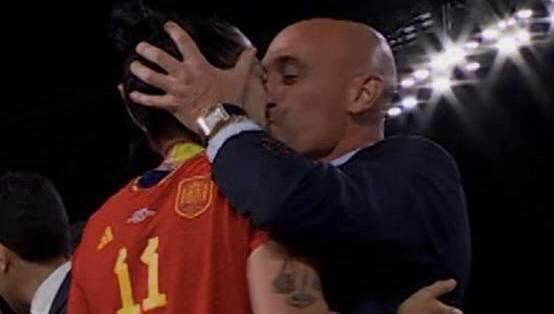 Jenni Hermoso is kissed by president of the RFEF Luis Rubiales following the FIFA Women's World Cup 2023 Final football match between Spain and England at Stadium Australia in Sydney, Australia. 
