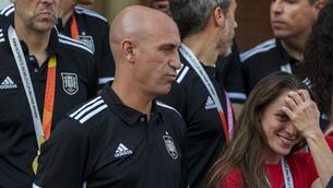 <p>Luis Rubiales stands with Spain's Women's World Cup soccer team after their World Cup victory. Pic: AP Photo/Manu Fernandez</p>