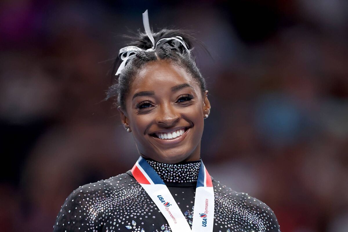 SMILES: Biles celebrates after placing first in the floor exercise competition on day four of the 2023 U.S. Gymnastics Championships  (Photo by Ezra Shaw/Getty Images)