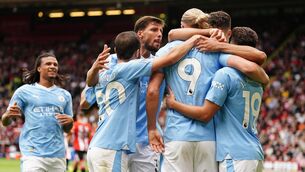 <p>RUTHLESS: Manchester City's Erling Haaland celebrates with teammates after scoring his sides first goal during the Premier League match at Bramall Lane. Pic: Mike Egerton/PA Wire</p>