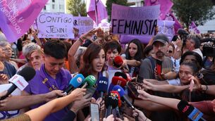 <p>A protest organiser speaks to the media during a demonstration called by feminist associations in support of Spain's player Jenni Hermoso, at Callao square in Madrid. Picture: Getty Images</p>