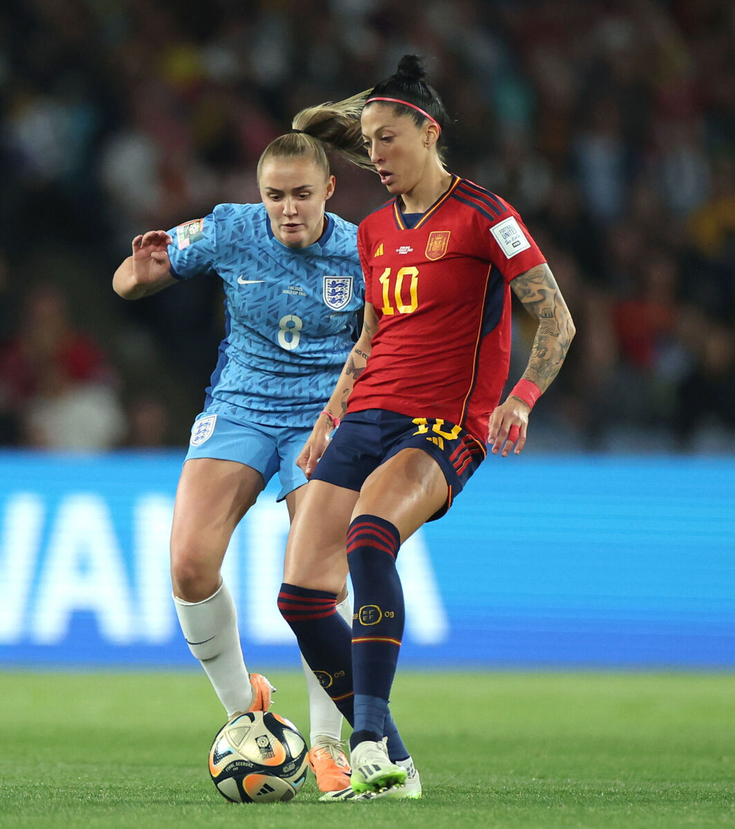 Spain's Jennifer Hermoso, who plays at club level with CF Pachuca, evading pressure from England and Bayern Munich midfielder Georgia Stanway during the Fifa Women's World Cup final which Spain won 1-0. Picture: Isabel Infantes/PA