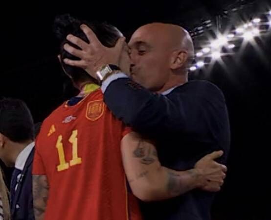 After hugging Jenni Hermoso amid the medal presentation, Spain's soccer chief Luis Rubiales put his hand on Hermoso's head, and kissed her on the mouth. The victorious Spanish midfielder later said she had been the 'victim of aggression' and it made her feel 'vulnerable'. Picture: Screenshot