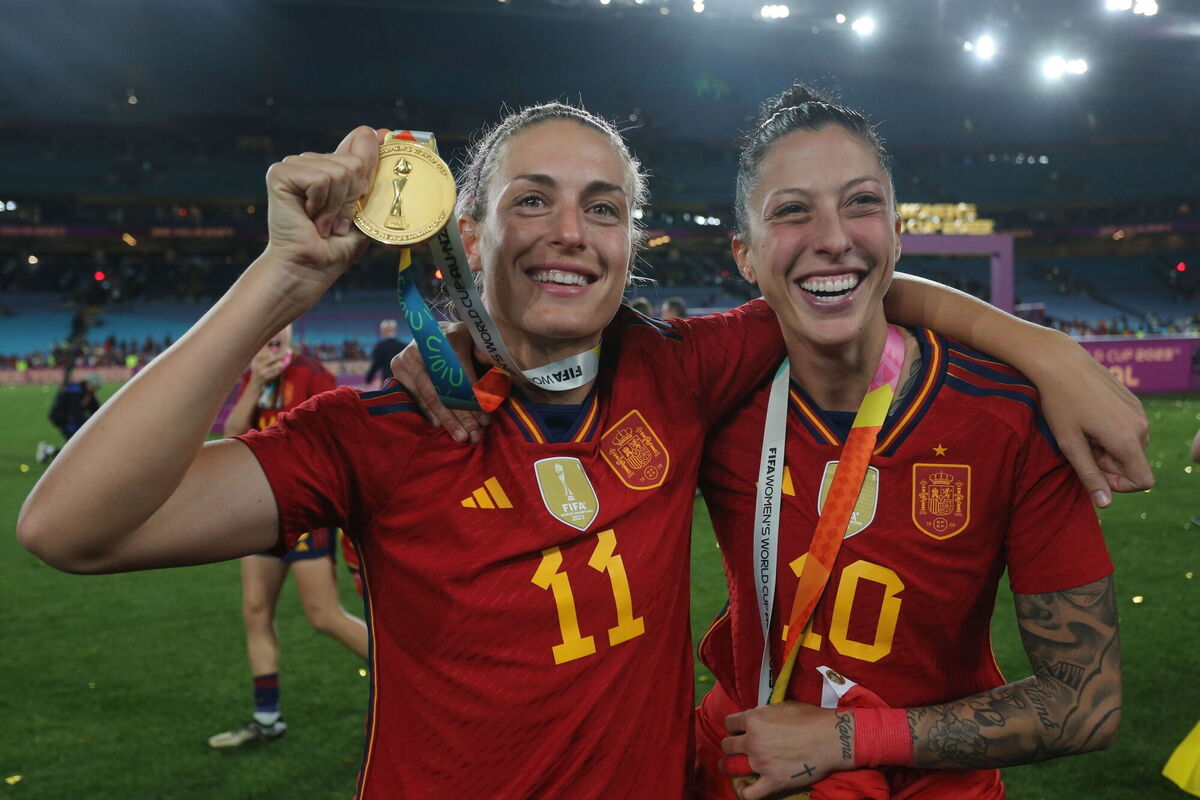 Spain's Alexia Putellas and Jennifer Hermoso celebrate after defeating England to win the Fifa Women's World Cup final in Sydney. Isabel Infantes/PA