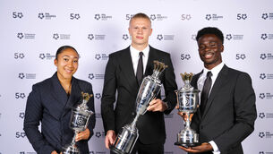 <p>STARS: Erling Haaland (centre) who has been awarded the Men's PFA Player Of The Year alongside Lauren James (left) who has been awarded the Women's Young Player Of The Year and Bukayo Saka who has been awarded the Men's Young Player Of The Year.</p>