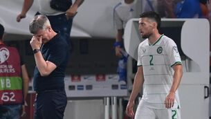 <p>Republic of Ireland manager Stephen Kenny and Matt Doherty after the defeat in the UEFA EURO 2024 Championship qualifying group B match between Greece and Republic of Ireland at the OPAP Arena in Athens, Greece. Photo by Stephen McCarthy/Sportsfile</p>