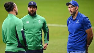 <p>CATCHING UP: Samoa assistant coach Andrew Goodman, right, with Ireland players, James Lowe, left, and Jamison Gibson-Park before the Rugby World Cup warm-up match in Bayonne. Photo by Harry Murphy/Sportsfile</p>