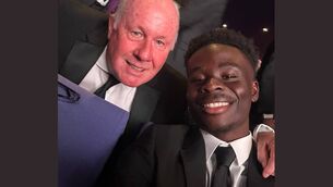 <p>WELL DONE SON: An old player of the year with the young player of the year. Liam Brady with Bukayo Saka at the PFA Player of the Year awards in Salford.</p>