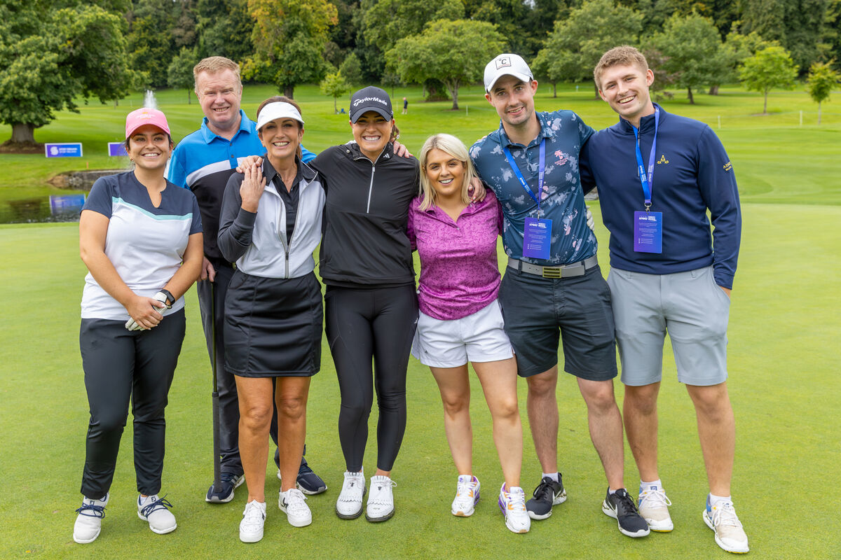 ALL SMILES: Professional Annabel Dimmock and her father and caddie Chris with her Golf Ireland Team, Pamela Joyce, Lorraine Keane and Valerie Wheeler along with caddies Paddy Harrington (Padraig’s son) and Gavin Young at the Women’s Irish Open Pro-Am in Dromoland. Pic: Kieran Ryan-Benson