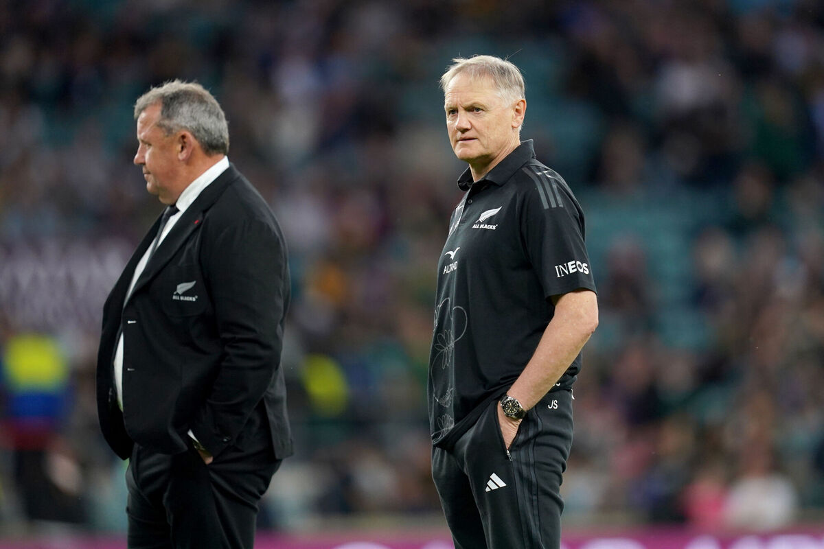 FAMILIAR FACE: New Zealand coach, Joe Schmidt, looks on alongside head coach Ian Foster. Picture: David Davies/PA Wire. FAMILIAR FACE: New Zealand coach, Joe Schmidt, looks on alongside head coach Ian Foster. Picture: David Davies/PA Wire.