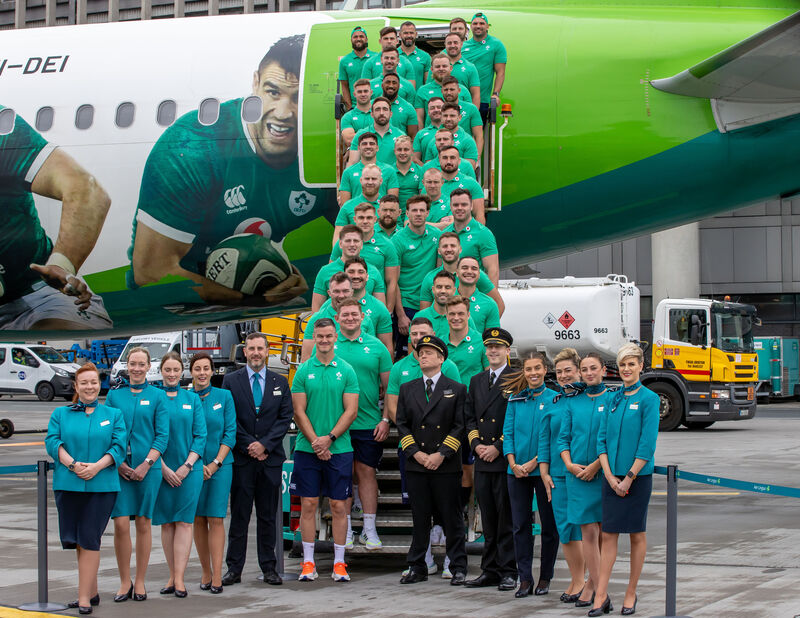 ALL ABOARD: Pictured is the Ireland Rugby team departing for the 2023 Rugby World Cup, alongside Aer Lingus pilots, cabin crew and staff. The Irish Rugby team depart from Dublin Airport for the Rugby World Cup with Aer Lingus, the Official Airline of the IRFU. Aer Lingus is proud to fly the Irish Rugby team and the tens of thousands of travelling supporters to France, bringing Home Advantage to the Rugby World Cup. Irish Rugby fans who still wish to book can visit http://www.aerlingus.com.