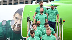 <p>FIRST STEP: Head coach Andy Farrell, third top, and his players pictured at Dublin Airport ahead of Ireland's Aer Lingus flight to France for the 2023 Rugby World Cup. Photo by Harry Murphy/Sportsfile</p>