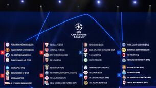 <p>This photograph taken on August 31, 2023 shows a screen displaying the fixtures for the group stage of the UEFA Champions League football cup after the draw for the 2023/2024 UEFA Champions League football tournament at The Grimaldi Forum in the Principality of Monaco. (Photo by NICOLAS TUCAT / AFP) (Photo by NICOLAS TUCAT/AFP via Getty Images)</p>