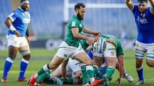 <p>Rugby's famous tactical kick, the Garryowen, is believed to have got its name during the height of the Irish Civil War more than 100 years ago. Here, Ireland's Jamison Gibson-Park launches one past David Sisi of Italy in their 2021 Six Nations game in Rome. Picture: INPHO/Matteo Ciambelli</p>