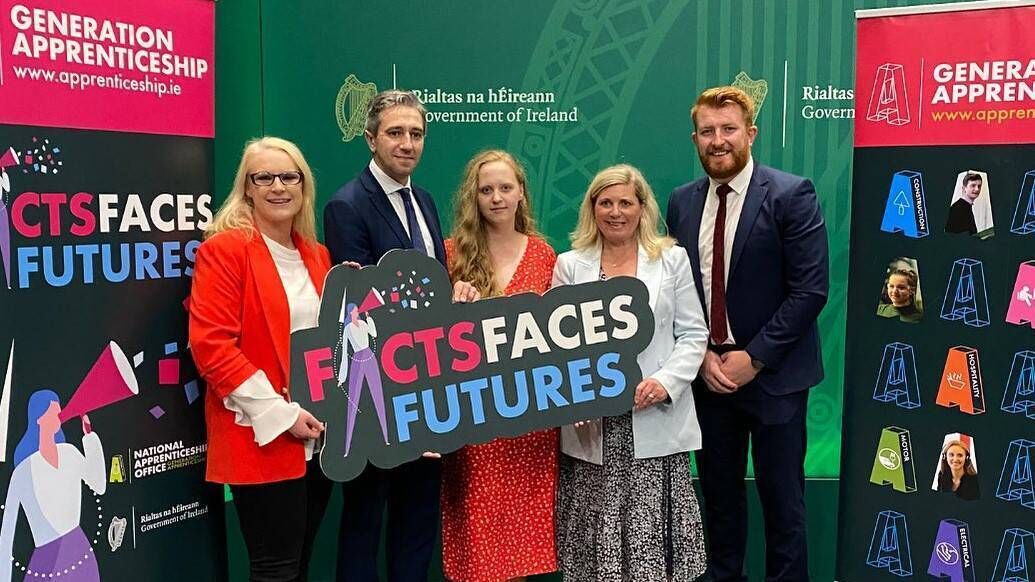 Celebrating the 100th apprentice at Hanley Calibration; Pictured are NAO Manager Kim Mulcahy, Minister Simon Harris, Valerie Cowman and apprentice Barbora Trčková