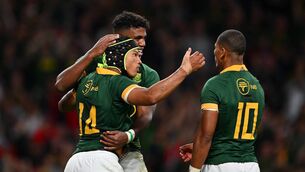 <p>SHOW OF FORCE: Kurt-Lee Arendse, left, celebrates with his team-mates after scoring South Africa’s second try in last Friday’s rout of New Zealand. </p>