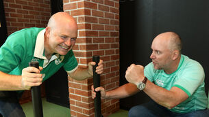 <p>Joe Guiney (left) and Dave Whelan (right) breaking a sweat for the Irish team going to the World Cup at the International Rugby Experience in Limerick city. Picture: Brendan Gleeson</p>