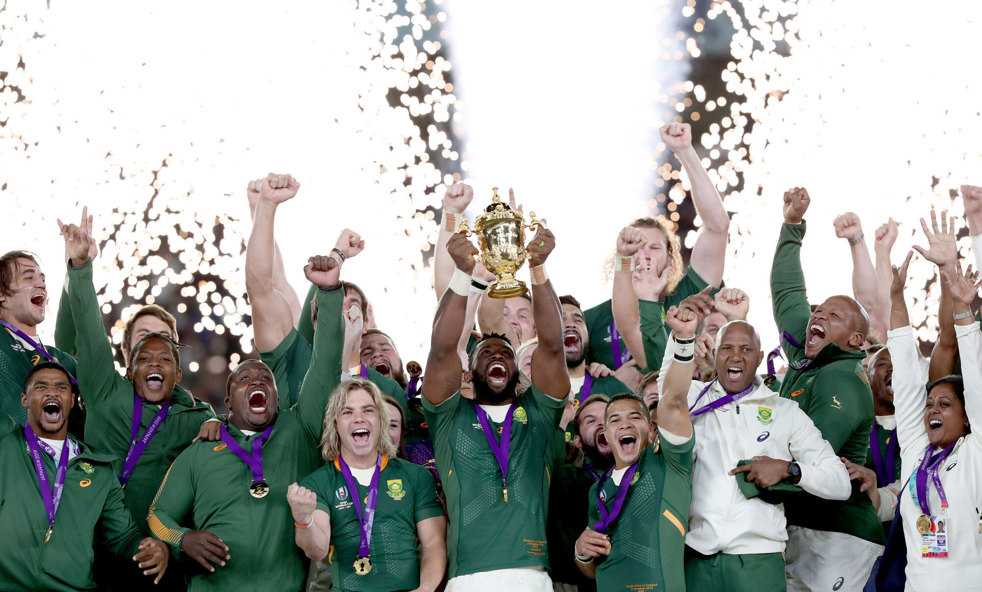 REIGNING CHAMPS: Siya Kolisi lifting the 2019 Rugby World Cup trophy. Only four countries - New Zealand, Australia, South Africa and England - have won the World Cup during its nine previous stagings. Pic: David Davies/PA Wire.