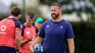 <p>Head coach Andy Farrell runs the rule over his players at the World Cup base in Tours on Friday.</p>
