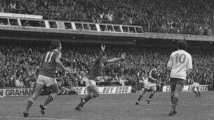 <p>MOMENT IN TIME: Republic of Ireland's Frank Stapleton celebrates scoring his side's second goal with team-mates Michael Robinson, 11, and Ronnie Whelan as France's Michel Platini, 10, looks on during the World Cup 1982 Qualifier at Lansdowne Road. Pic: Ray McManus / SPORTSFILE</p>