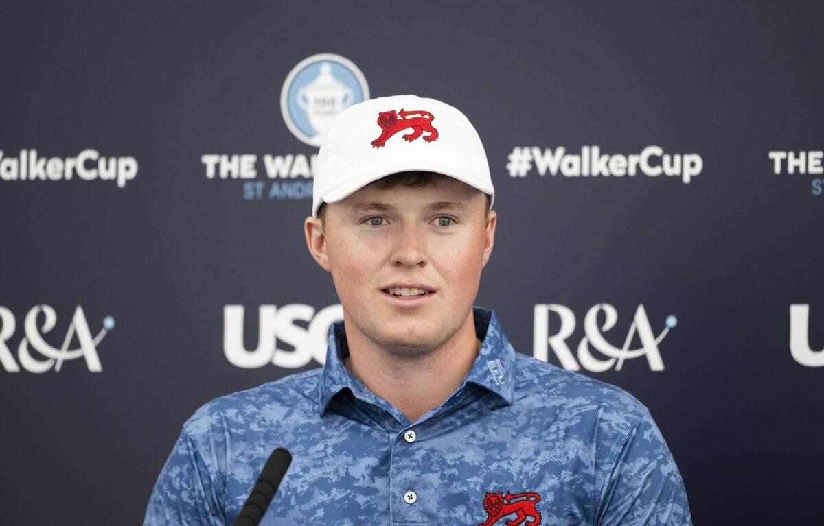 Mark Power of Great Britain and Ireland at a press conference prior to the Walker Cup at St Andrews Old Course on September 1, 2023 in St Andrews, Scotland. (Photo by Paul Devlin/Getty Images)