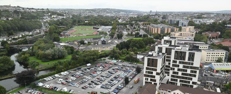 UCC's Nead an Phréacháin / Crow's Nest student accommodation complex, right. This view is from Cork County Hall looking east toward the city centre, with UCC's Mardyke Arena sports centre middle left. Picture: Larry Cummins