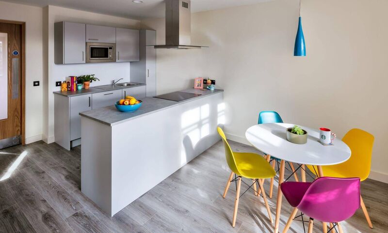 The kitchen and dining area in one of the student apartments in the newly-opened UCC Crow's Nest / Nead an Phréacháin development. Pictures: UCC