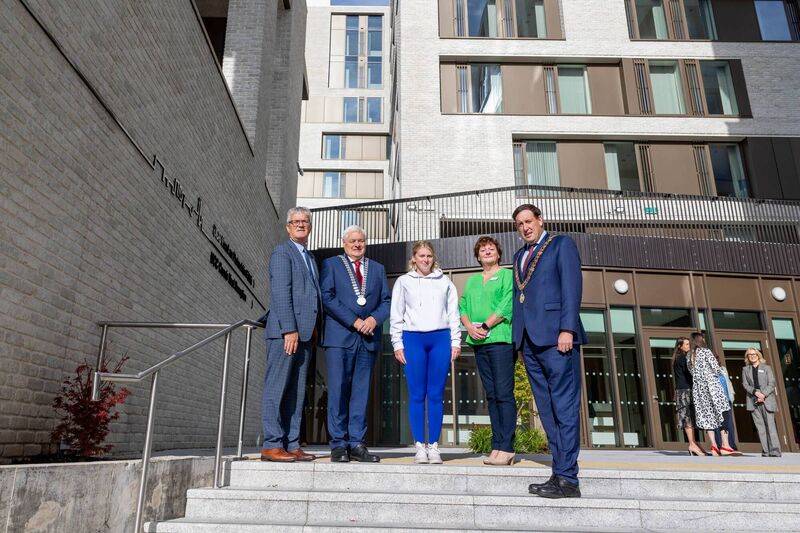 At the opening of the Crow's Nest were UCC president Prof John O’Halloran, County Mayor Frank O’Flynn, second-year student Niamh Guinevan, campus accommodation manager Pauline Gilheany, and Lord Mayor of Cork Kieran McCarthy. Picture: UCC TV