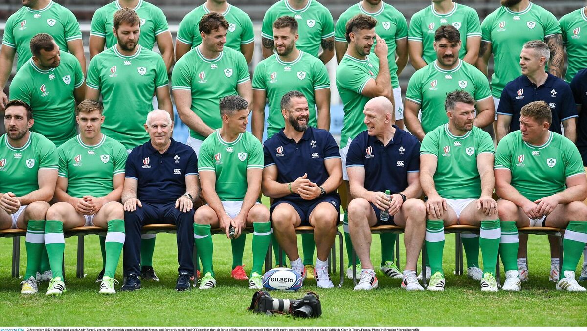 FAMILY PORTRAIT: Ireland head coach Andy Farrell, centre, sits alongside captain Jonathan Sexton, and forwards coach Paul O'Connell as they sit for an official squad photograph at Stade Vallée du Cher in Tours. Picture: Brendan Moran/Sportsfile FAMILY PORTRAIT: Ireland head coach Andy Farrell, centre, sits alongside captain Jonathan Sexton, and forwards coach Paul O'Connell as they sit for an official squad photograph at Stade Vallée du Cher in Tours. Picture: Brendan Moran/Sportsfile