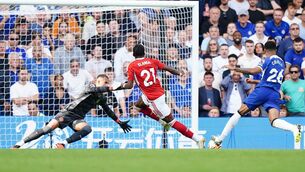 <p>ONLY GOAL: Nottingham Forest's Anthony Elanga (2nd from right) scores their side's winner at Stamford Bridge, London. Pic: PA wire</p>