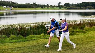 <p>HARD YARDS: Ireland’s Leona Maguire walks down the 10th with her Caddy Dermot Byrne at the  2023 KPMG Women's Irish Open in Dromoland Castle, Clare on Saturday. Pic: INPHO/Ben Brady</p>