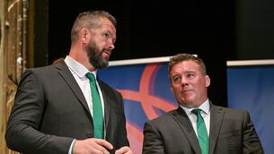<p>HIT THE GROUND RUNNING: Head coach Andy Farrell, left, and national scrum coach John Fogarty during the Ireland Rugby World Cup 2023 welcome ceremony at Le Grand Théâtre de Tours in France. Pic: Brendan Moran/Sportsfile</p>