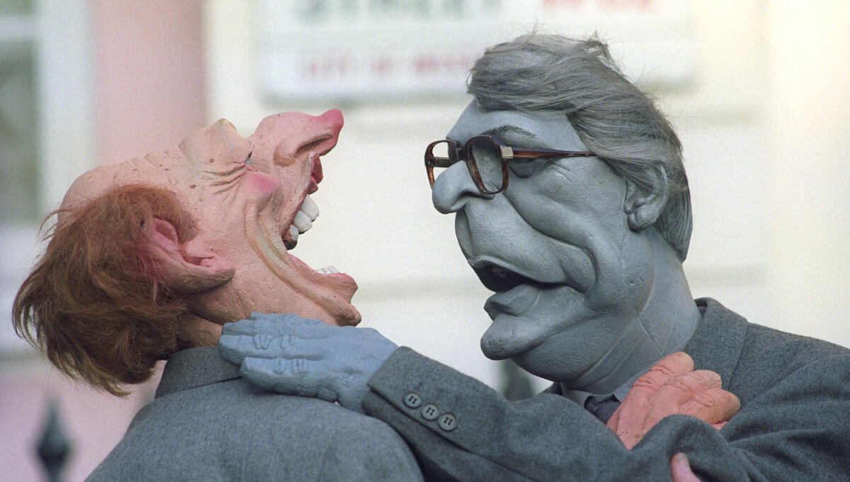 The Spitting Image puppet of British prime minister John Major gets to grips with the leader of the opposition Labour leader Neil Kinnock. Picture: PA