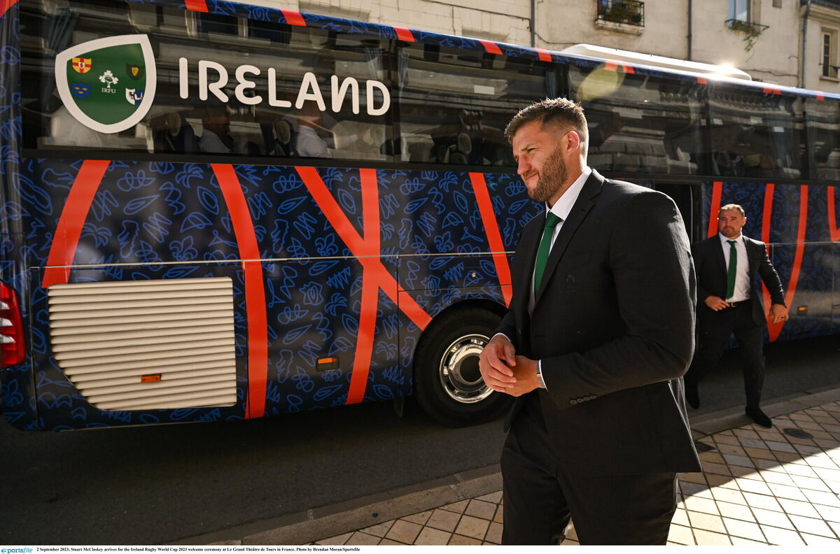 Stuart McCloskey arrives for the Ireland Rugby World Cup 2023 welcome ceremony at Le Grand Théâtre de Tours in France. Photo by Brendan Moran/Sportsfile Stuart McCloskey arrives for the Ireland Rugby World Cup 2023 welcome ceremony at Le Grand Théâtre de Tours in France. Photo by Brendan Moran/Sportsfile