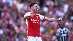 <p>RICE RICE, BABY: Arsenal's Declan Rice celebrates just before the final whistle. Picture:  John Walton/PA Wire.</p>