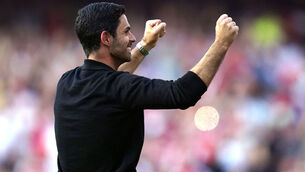 <p>PUNCHING UP: Arsenal manager Mikel Arteta celebrates victory. Picture: John Walton/PA Wire.</p>