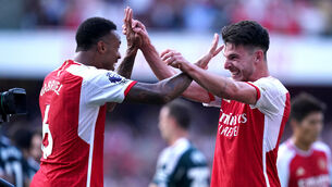 <p>EXPLOSIVE FINISH: Arsenal's Declan Rice (right) and team-mate Gabriel celebrate following victory over Manchester United. Pic: James Warwick</p>