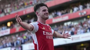 <p>RICE RICE BABY: Arsenal's Declan Rice celebrates after scoring his side's winning goal against Manchester United. (AP Photo/Kirsty Wigglesworth)</p>
