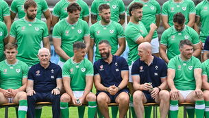 <p>Ireland head coach Andy Farrell, centre, sits alongside captain Jonathan Sexton, and forwards coach Paul O'Connell as they sit for an official squad photograph before their rugby open training session at Stade Vallée du Cher in Tours, France. Photo by Brendan Moran/Sportsfile</p>