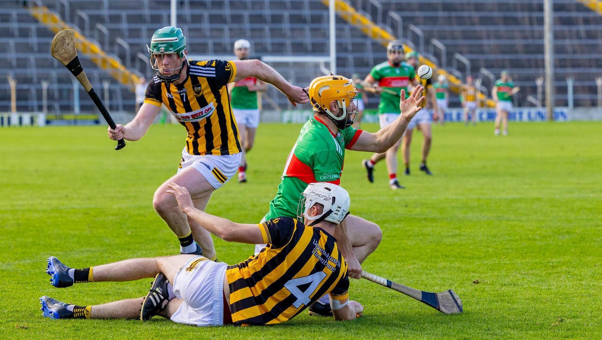 LOST OUT: Loughmore's Liam McGrath wins the ball from Upperchurch-Drombane's cornerback AJ Shanahan. Upperchurch are one of the sides affected by the new score difference rule. Pic: Kieran Ryan-Benson