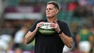 <p>WATCHING BRIEF: Rassie Erasmus, the South Africa director of rugby, looks on in the warm up before the New Zealand game. Pic: David Rogers/Getty Images</p>