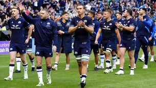 <p>GOOD VIBES: Scotland's James Ritchie (front right) applauds the fans after the Summer Nations Series match against Georgia. Pic: PA</p>