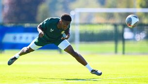<p>LIKELY STARTER: Chiedozie Ogbene during a Republic of Ireland training session at the FAI National Training Centre in Abbotstown, Dublin. Pic: Stephen McCarthy/Sportsfile</p>