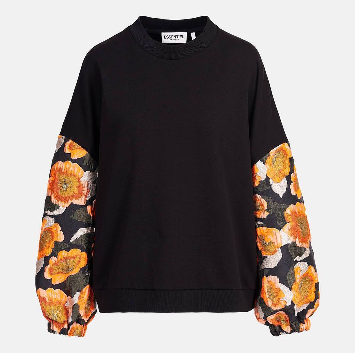 Black cotton-jersey sweatshirt with floral-jacquard sleeves, Essential Antwerp, €225