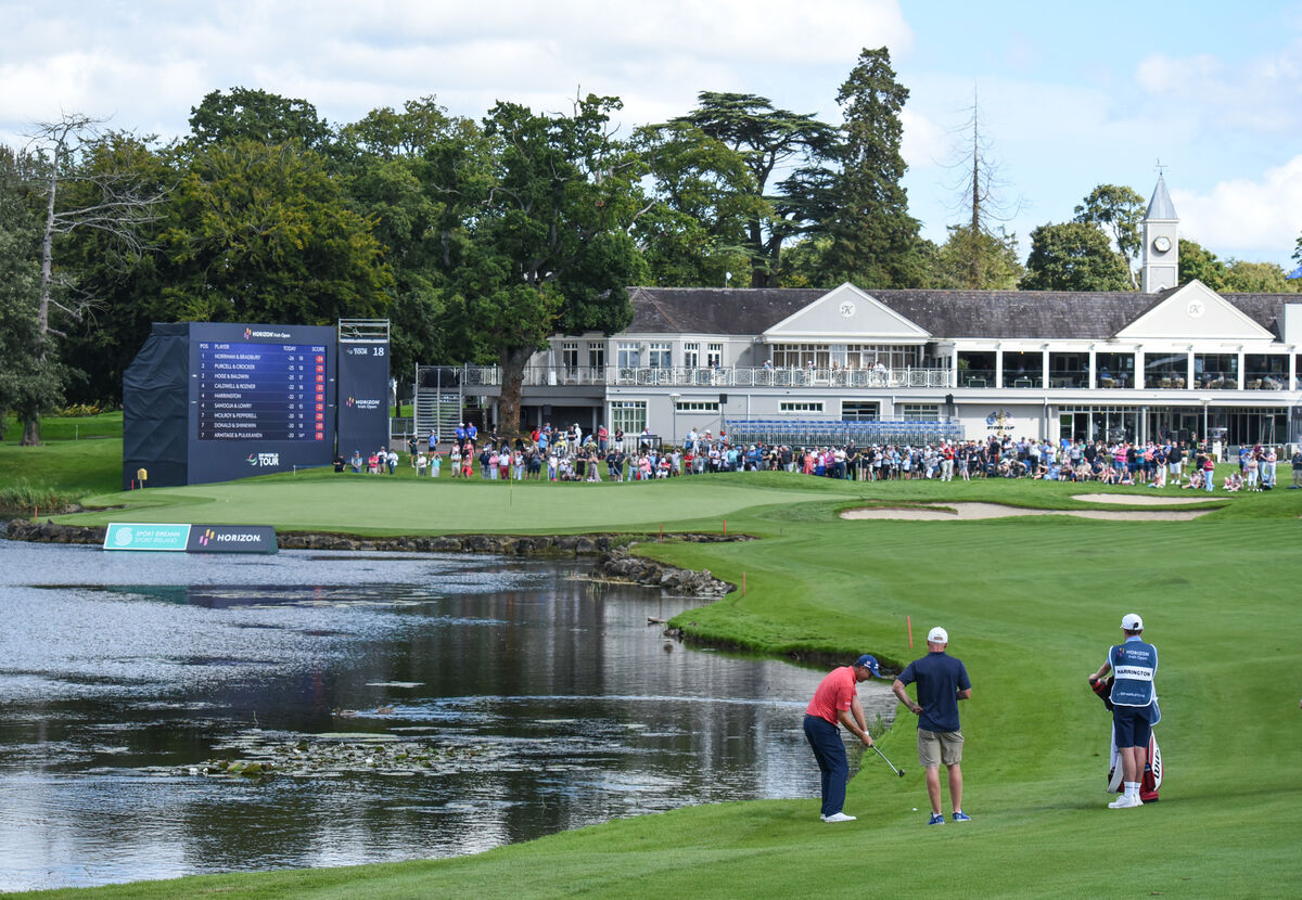 Padraig Harrington plays his approach shot to the 18th hole during the Wednesday Pro-Am of the Horizon Irish Open at The K Club. Picture: Cian O'Regan.