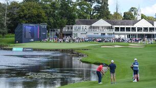<p>SPECIAL K: Padraig Harrington plays his approach shot to the 18th hole during the Wednesday Pro-Am of the Horizon Irish Open at The K Club. Picture: Cian O'Regan.</p>