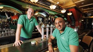 <p>CONFIDENT CUSTOMER: Devin Toner and Simon Zebo pictured at the Grey Goose pub in Drogheda. Pic: Andres Poveda</p>